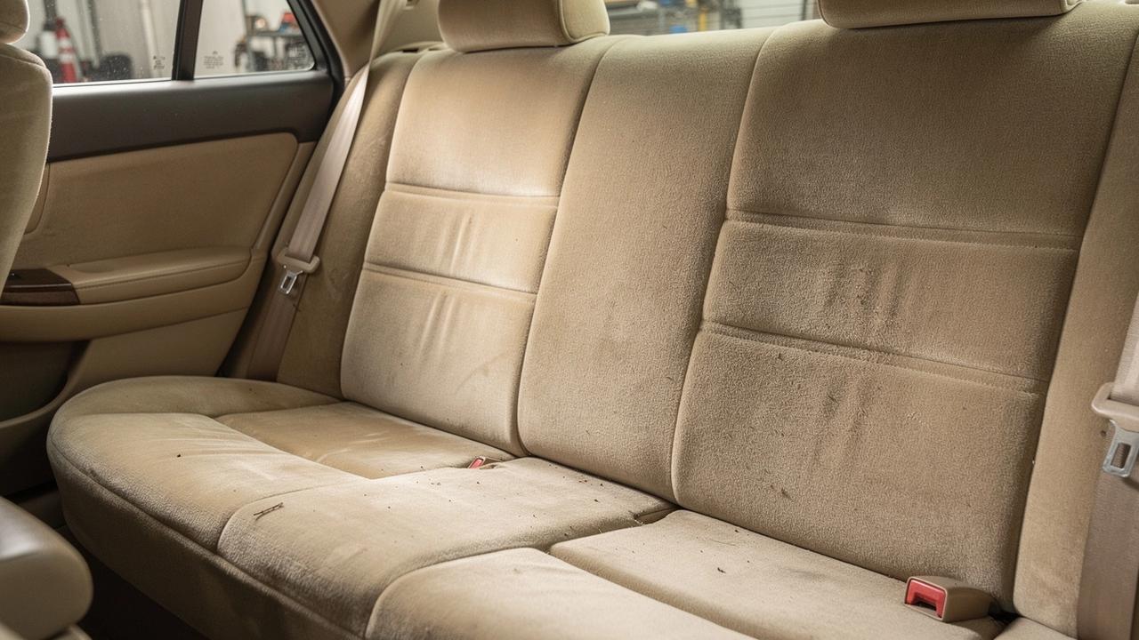 Beige velour rear bench after three hot-water extraction passes and controlled drying