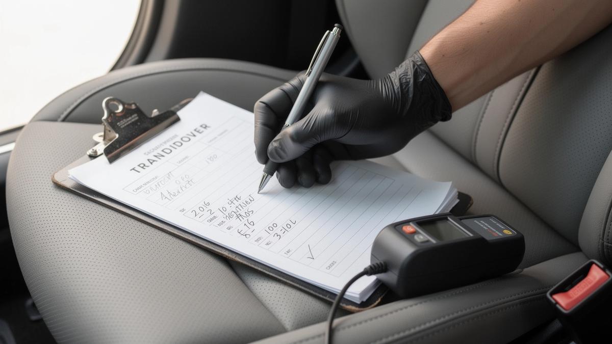 Detailer writing treatment codes on a handover sheet beside a driver's seat